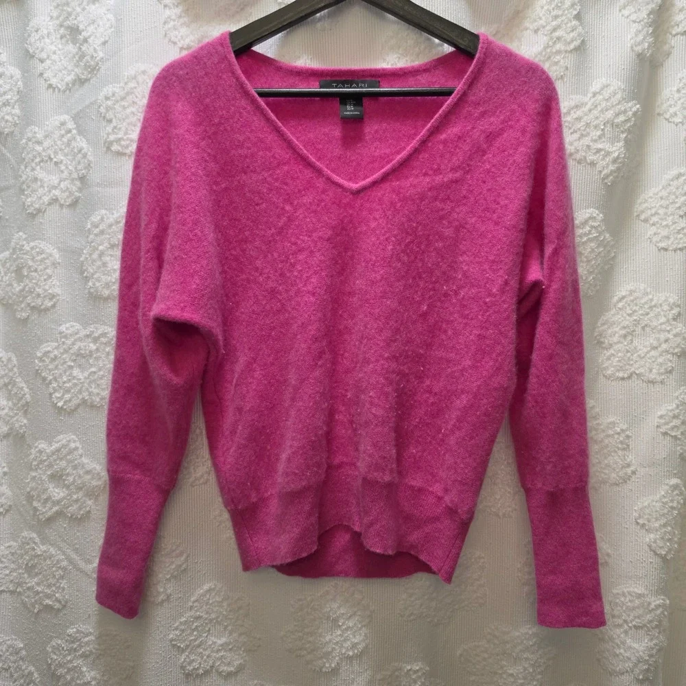 Tahari Hot Pink 100% 2-Ply Cashmere V-Neck Dolman Sleeve Sweater Womens Medium